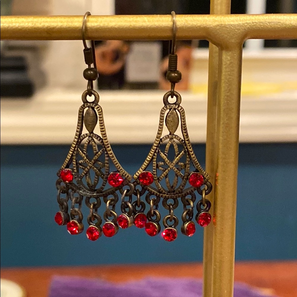 Antique Gold Tone Dangle Earrings with Red Crystal. Hook for Pierced